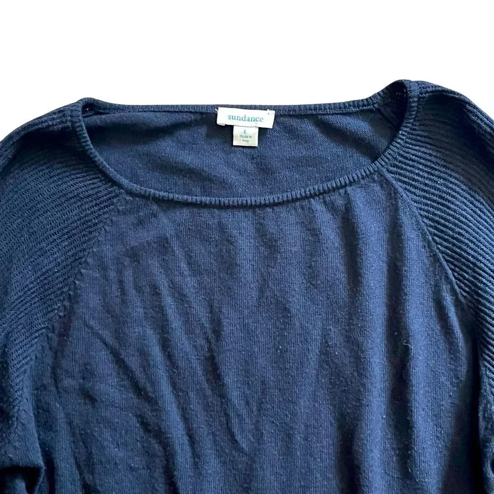 Sundance Sweater Size Large Wool Cotton Bell Sleeve Boho Navy Knit